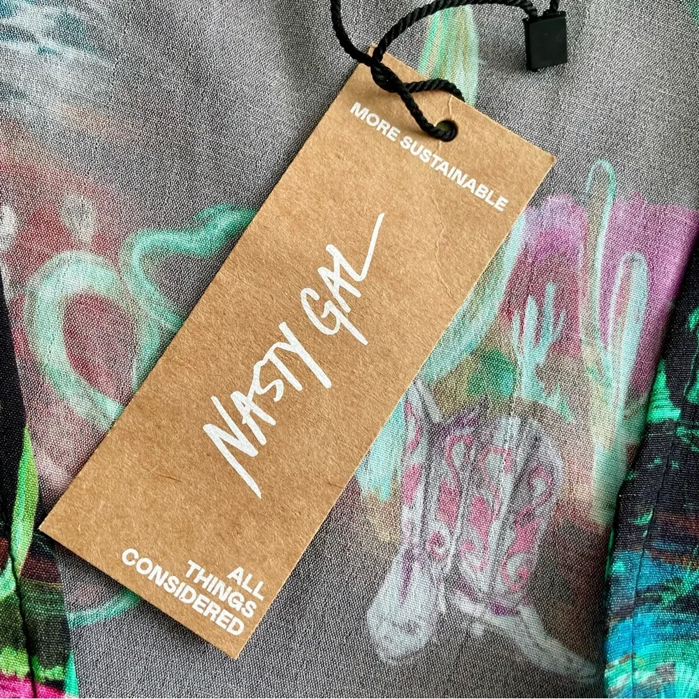 Nasty Gal Black Desert Print V-Neck Rodeo Plunge Minidress Sz 6 New With Tags - Picture 12 of 15